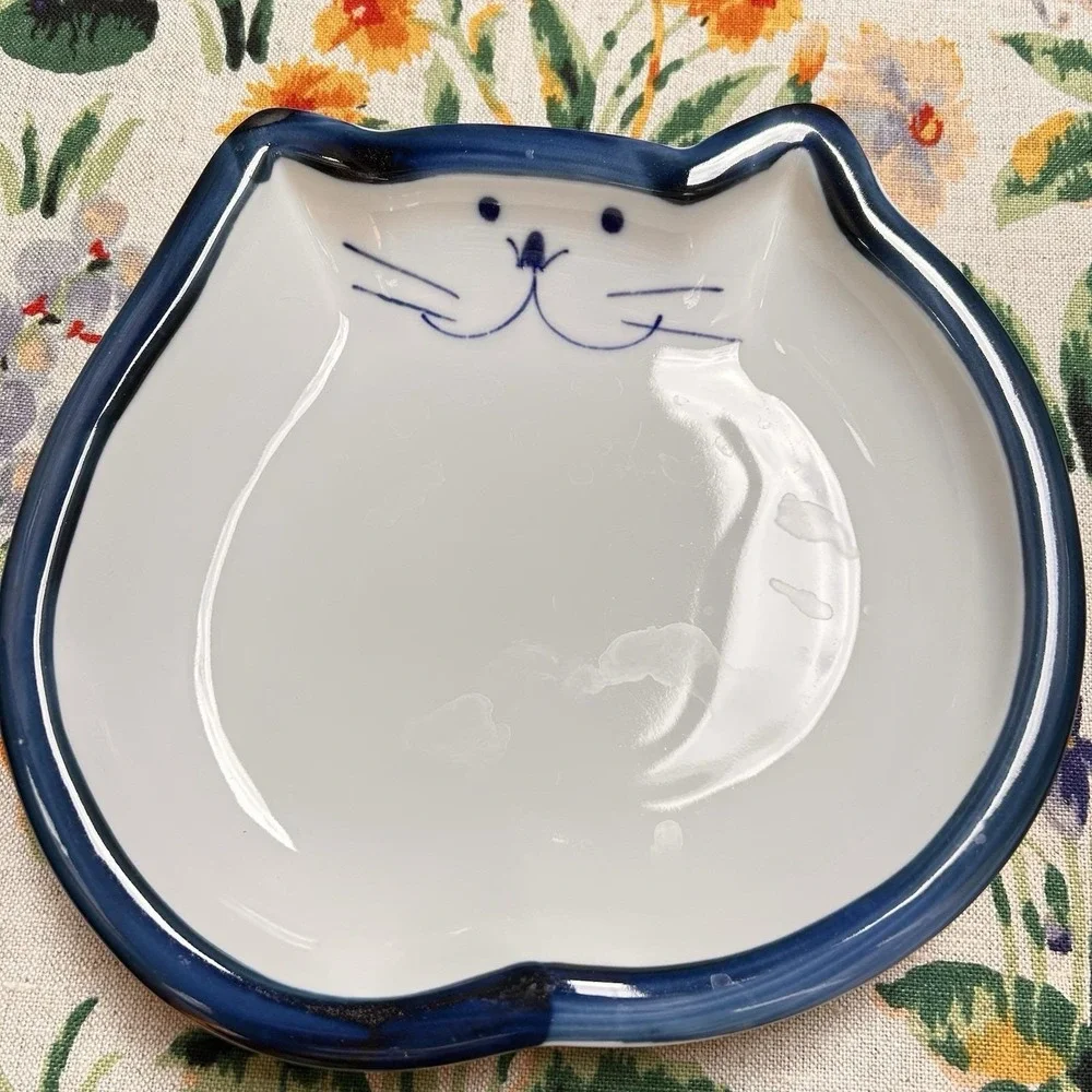 VTG Takahashi San Francisco Blue Fat Chubby Happy Cat Ceramic Serving Dish Plate